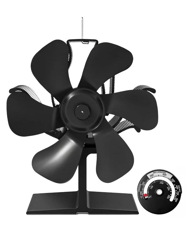 TITECK 6-Blade Log Burner Fan with Thermometer, Heat Powered for Wood Burning Stove, Compact & Silent with Overheat Protection