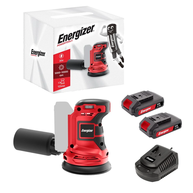 Energizer - 20V Cordless Orbital Sander 10,000RPM 6 Adjustable Speed - 125mm Self Adherent Plate, Binder Bag, 10 Discs Included - Includes 2 x 20V 2AH Batteries + Charged