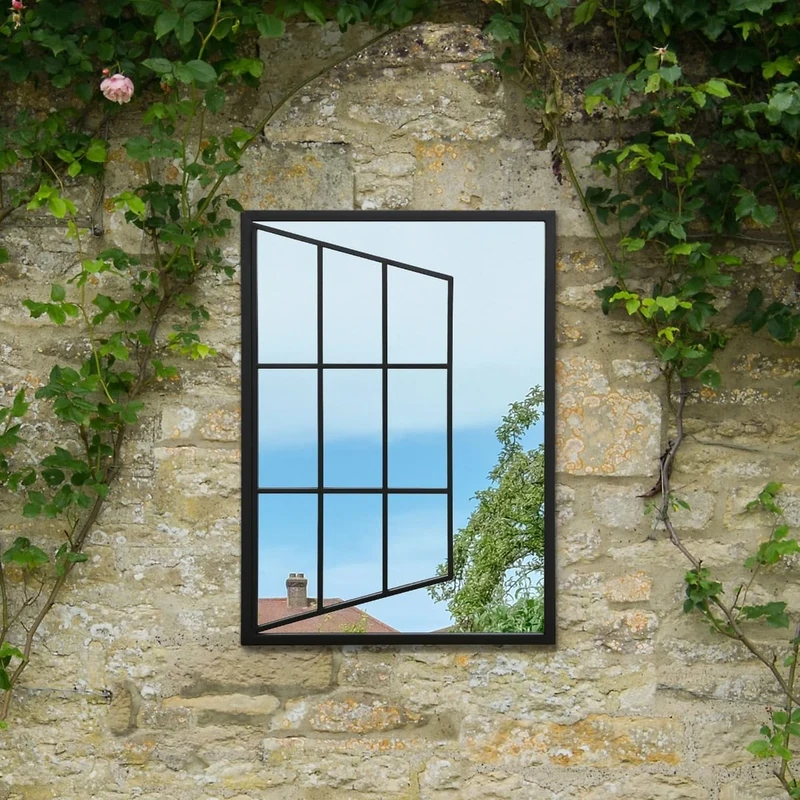 MirrorOutlet The Typis - Black Metal Frame Open Window Effect Garden Wall Mirror 31" x 23" (80CM X 58CM) Silver Mirror Glass with Black Frame