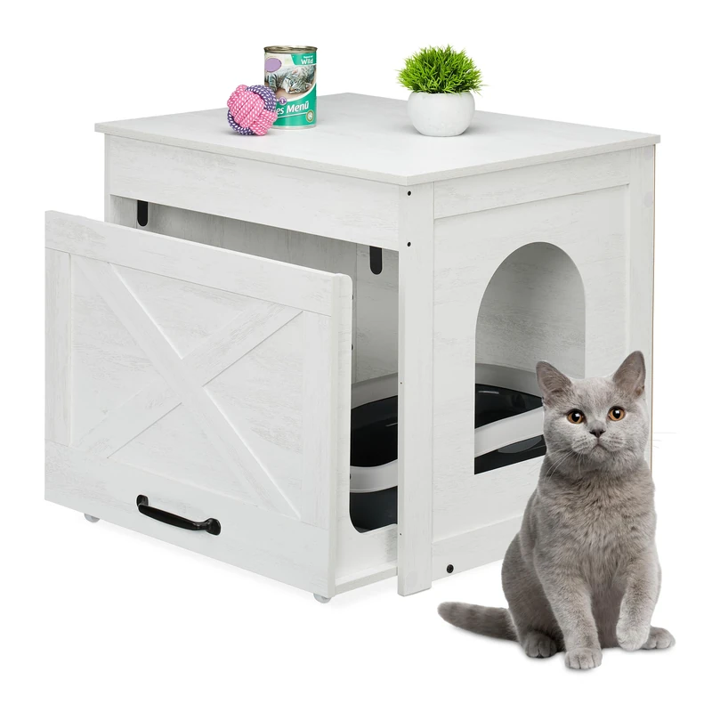 Relaxdays Cat Cabinet for Litter Tray, Hide Cat Litter Box, Pull-Out Drawer, HWD: 53.5x60x51.5 cm, White/Grey