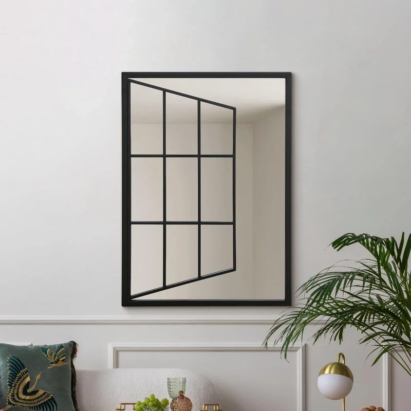 MirrorOutlet The Typis - Black Metal Frame Open Window Effect Wall Mirror 31" x 23" (80CM X 58CM) Silver Mirror Glass with Black Frame