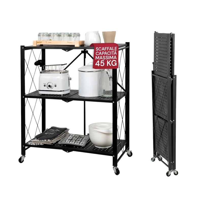 Avilia - Folding Shelf with 3 Shelves in Black Painted Metal, Modern Industrial Style, Foldable without Screws, Ideal for Home, Office, Kitchen and Garage - Image 1