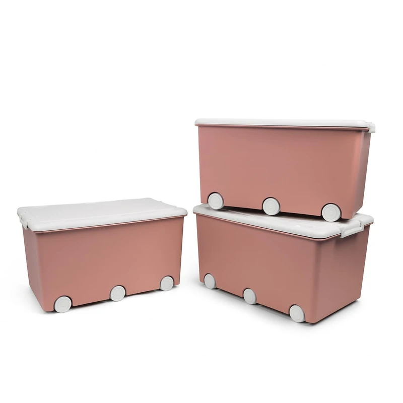 Thermobaby - PLAYBOX - MAXI 42 L - Set of 3 Storage Boxes - Plastic Storage Box with Lid - Locking Clips - Handle - Stackable - Pink