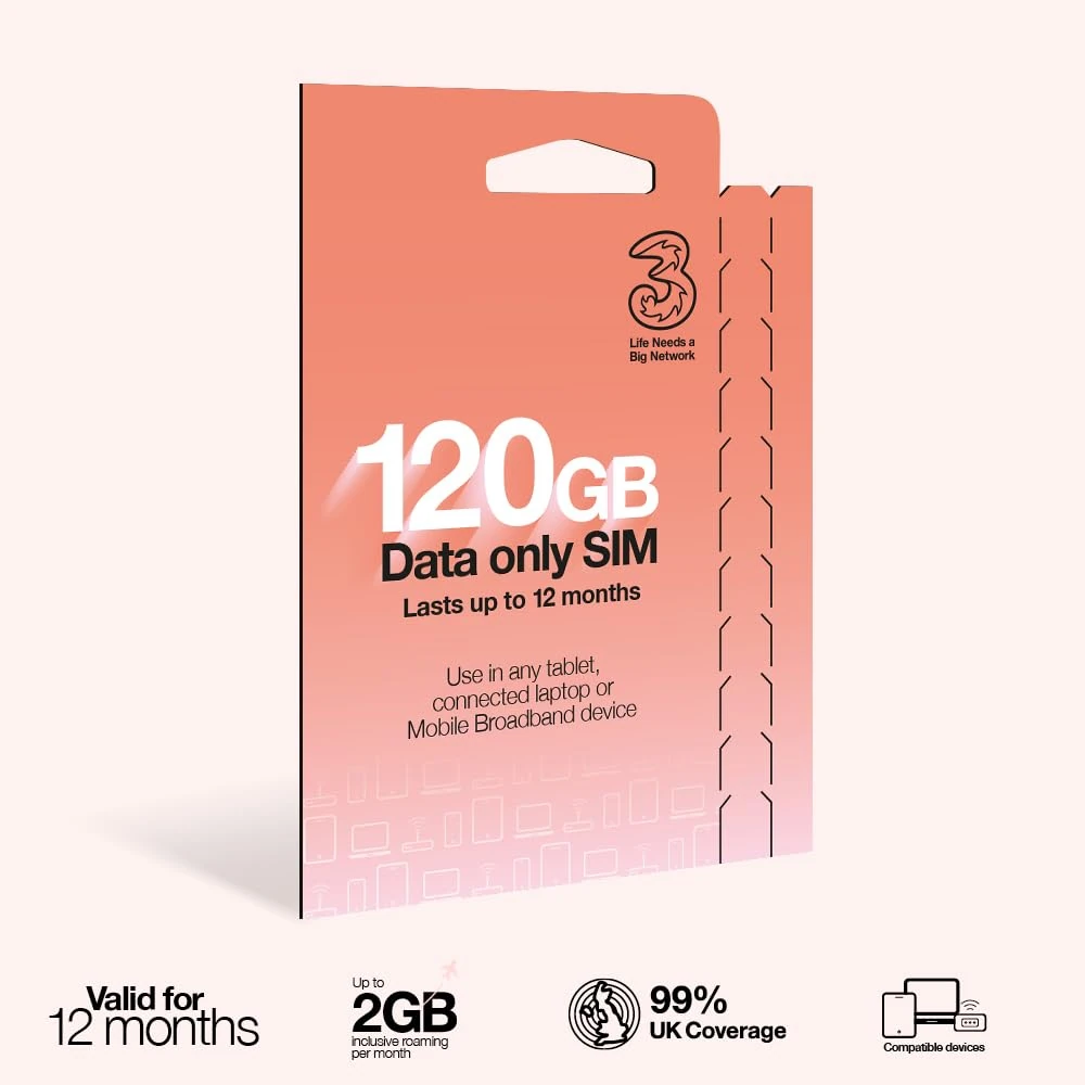 Three PAYG Mobile Broadband SIM, Pre-loaded with 120GB of Data that Lasts up to 12 Months