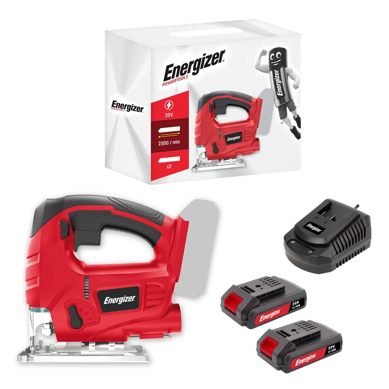 Energizer - 20 Volt Cordless Jigsaw – 2300 OPM, 80 mm/Metal 6 mm Wood Cutting – Includes 2 x 20V 2AH Batteries + Charger - Fast Blade Change Without Tools, Suction Connection – Accessories Included