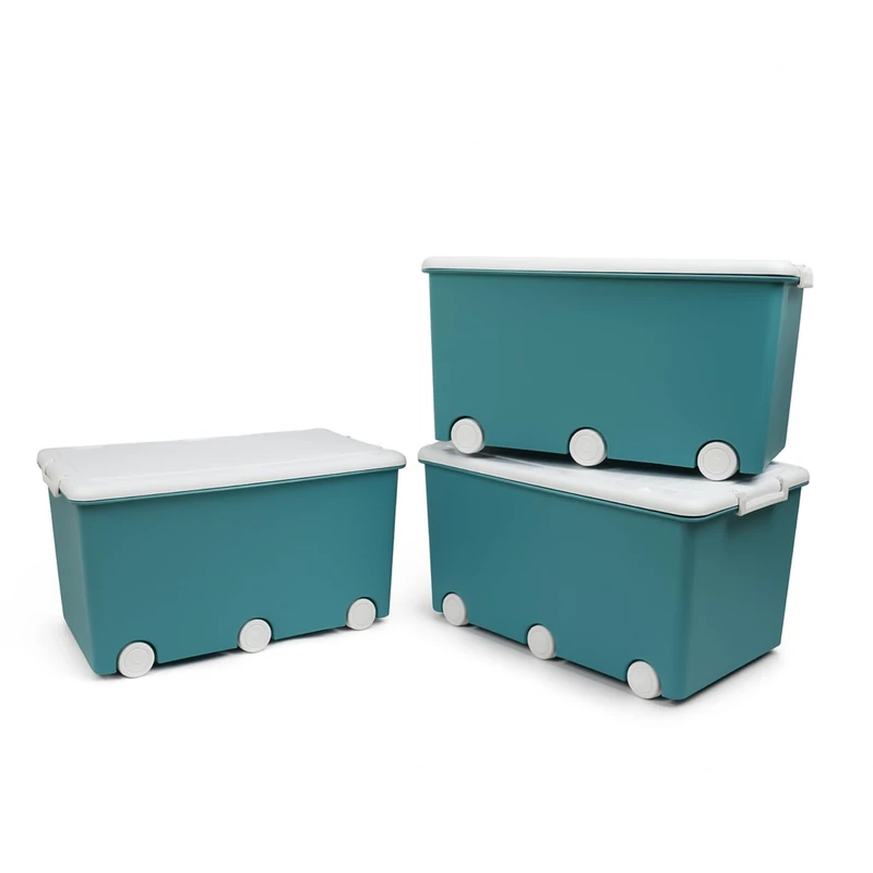 Thermobaby - PLAYBOX Storage Chest - MAXI 42 L - Set of 3 Storage Boxes - Plastic Storage Box with Lid - Locking Clips - Handle - Stackable - Azure Green