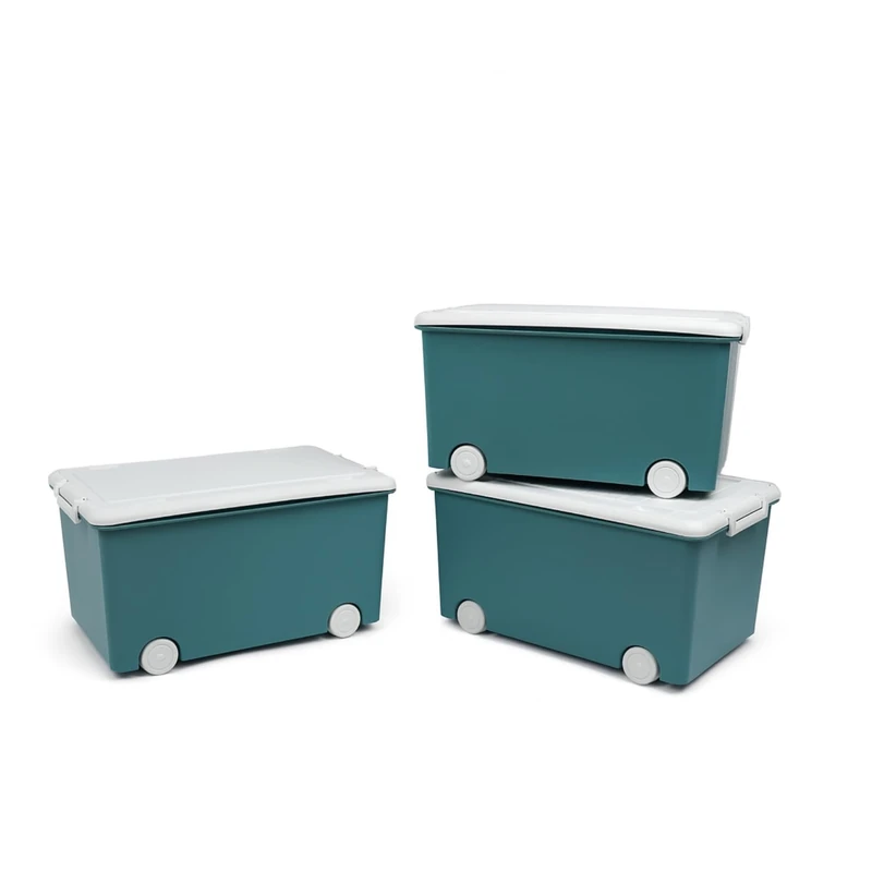 THERMOBABY - PLAYBOX Storage Chest - MEDIUM 26 L - Set of 3 Storage Boxes - Plastic Storage Box with Lid - Locking Clips - Handle - Stackable - Azure Green