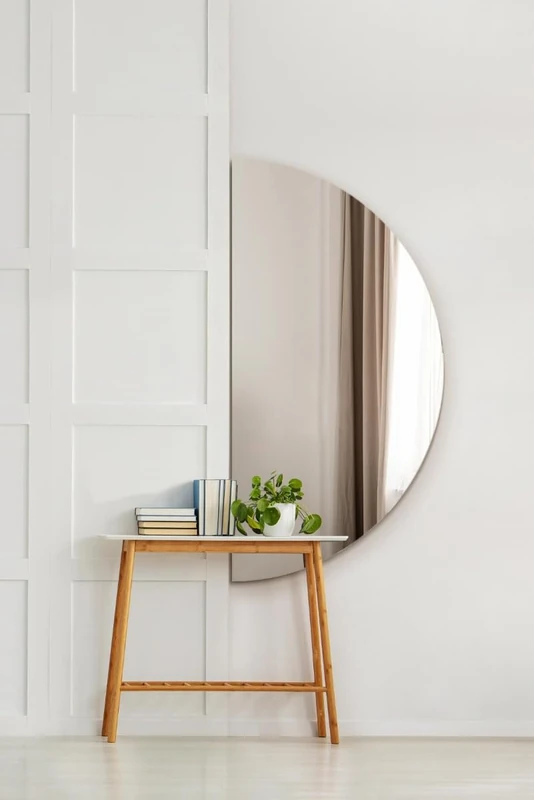 MirrorOutlet The Lunae - Large Frameless Semi Circle Moon Wall Mirror 63" X 32" (160 x 80CM) Silver Mirror Glass On A Black Backing.