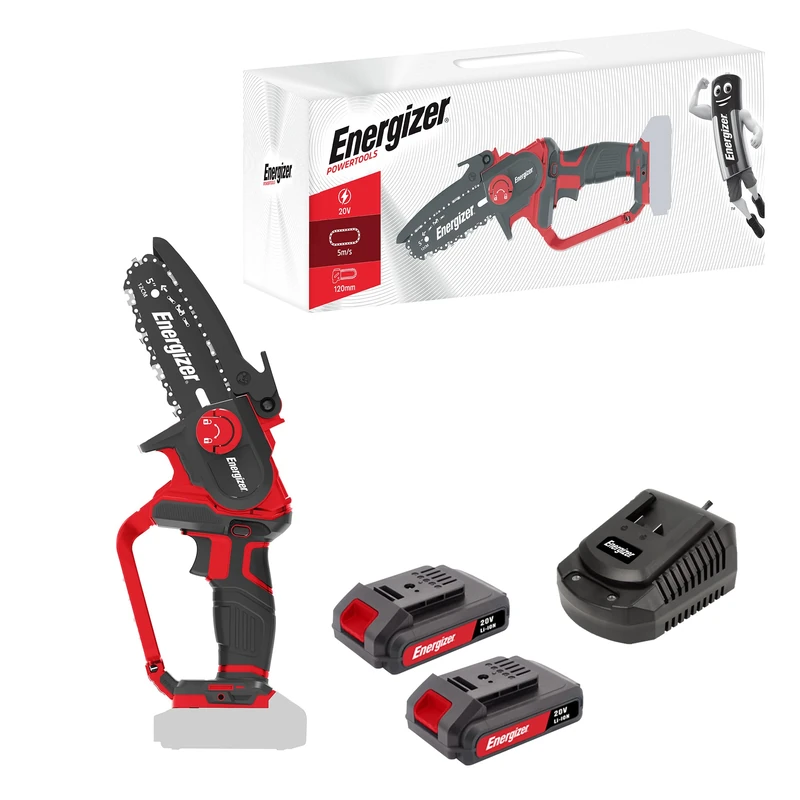 Energizer Cordless Chainsaw 20 V, 120 mm Blade – Speed 5 m/s – Ultra Compact, Soft Grip Handle – 2 Chains + Oil Included – Includes 2 2AH Batteries + Quick Charger Ideal for Pruning