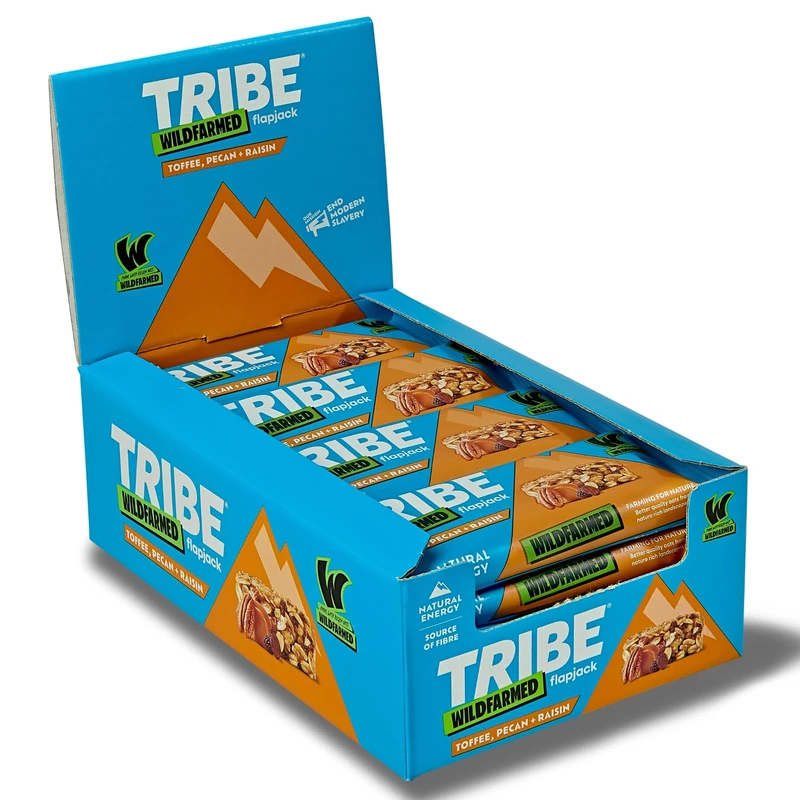 TRIBE x Wildfarmed Vegan Flapjack Bars - Toffee, Pecan & Raisin Oat Bars (16 x 50g Multipack Box) | Healthy Energy Snacks | Source Of Fibre, Natural Ingredients | Sustainable Oats | Breakfast Bars