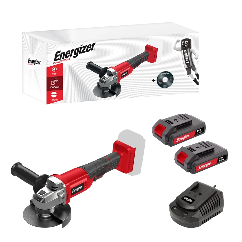 Energizer - 20V - 125MM Cordless Angle Grinder - 2 x 20V 2AH Batteries + Fast Charger - Use on Metal, Stone, Cement, Cinder Block and Marble - Soft Grip & Auxiliary Handle - 1 Disc Included
