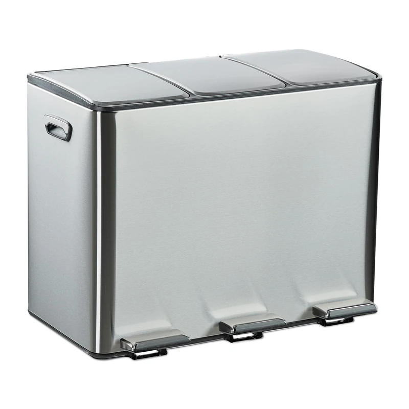 Relaxdays Kitchen Bin, 3 Sections, 15 L Each, Removable Inner Dustbins, Soft Close Lid, Foot Pedals, Separation, Silver