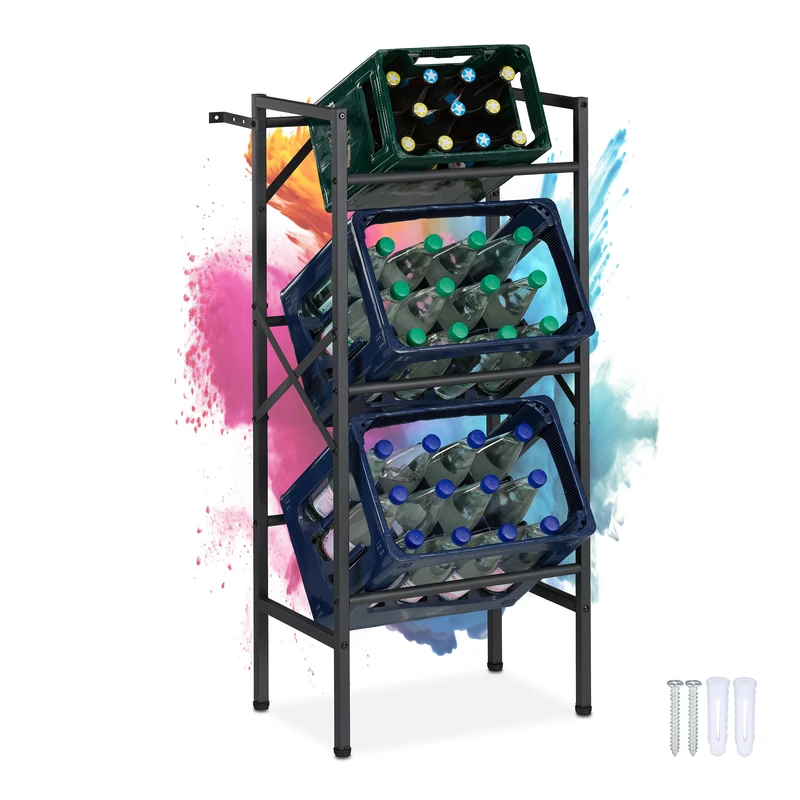 Relaxdays Drinks Crate Rack, HWD: 109x49x32 cm, 150 kg, Holds 3 Boxes, Steel, Beverage Holder Shelf, Beer & Water, Black