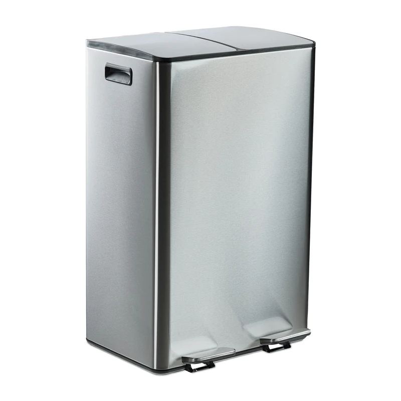 Relaxdays Kitchen Bin, 2 Compartments, 30 litres, Removable Buckets, Pedal, Recycling Dustbin, Stainless Steel, Silver, 10% Plastic 90%, 30 liters