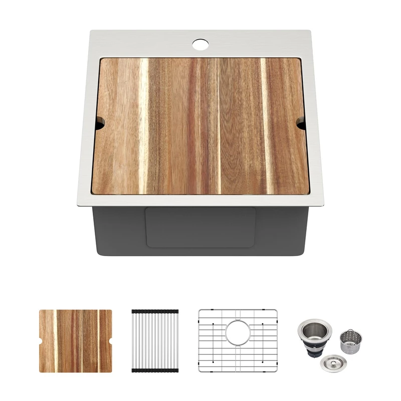 Kichae Drop in Kitchen Sink Bar Sink- 18x18 Small Overmount Topmount Stainless Steel RV Sink Single Bowl Ledge Workstation Bar Prep Handmade Basin