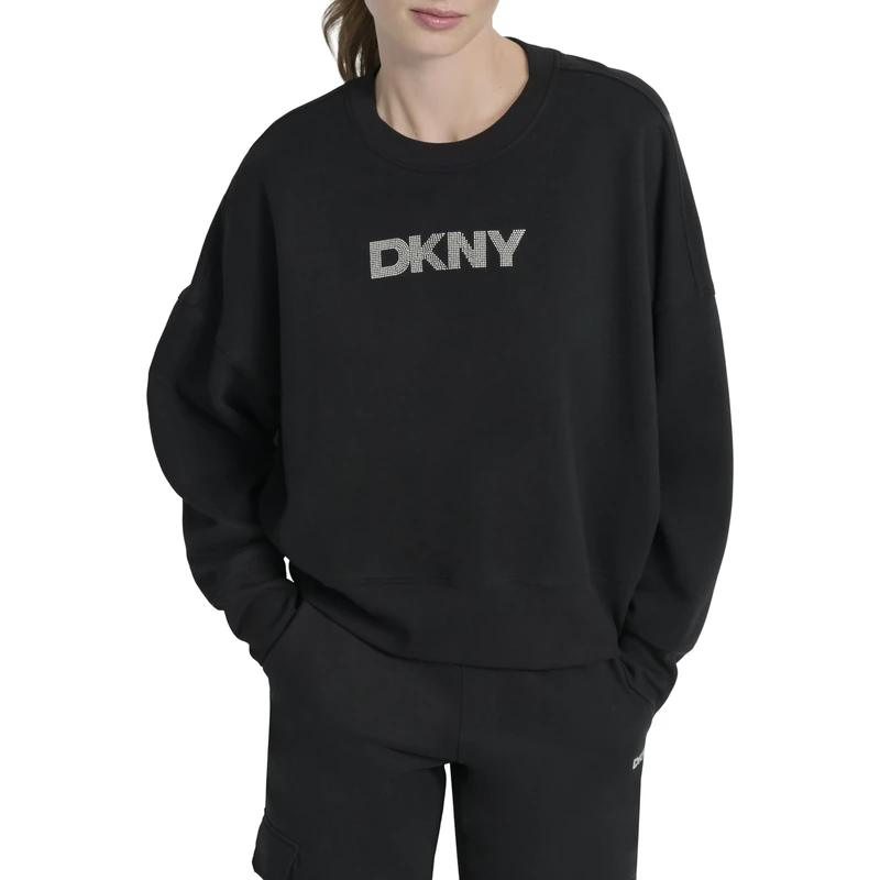 DKNY Women's Mini Stud Logo Crew Neck Sweatshirt, Black, L