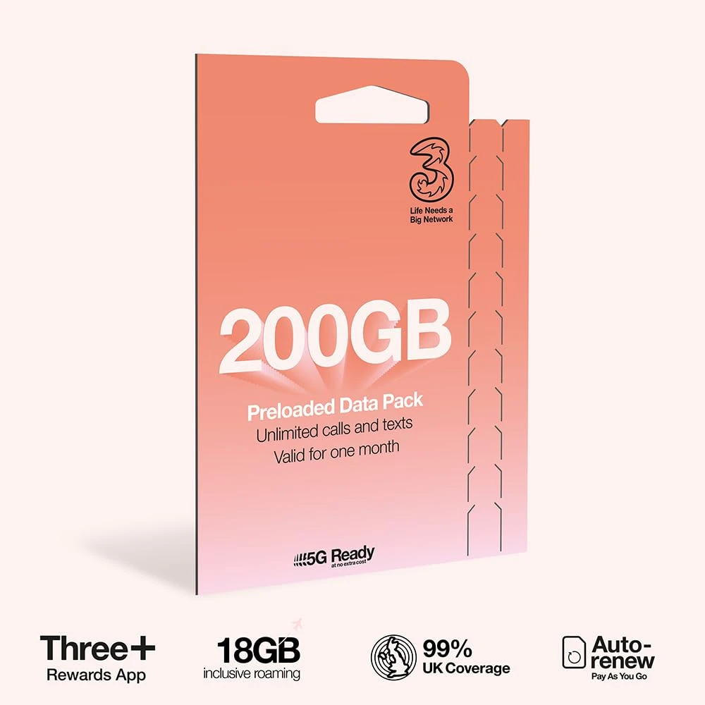 Three Mobile PAYG Voice SIM Pack - 200GB - £20