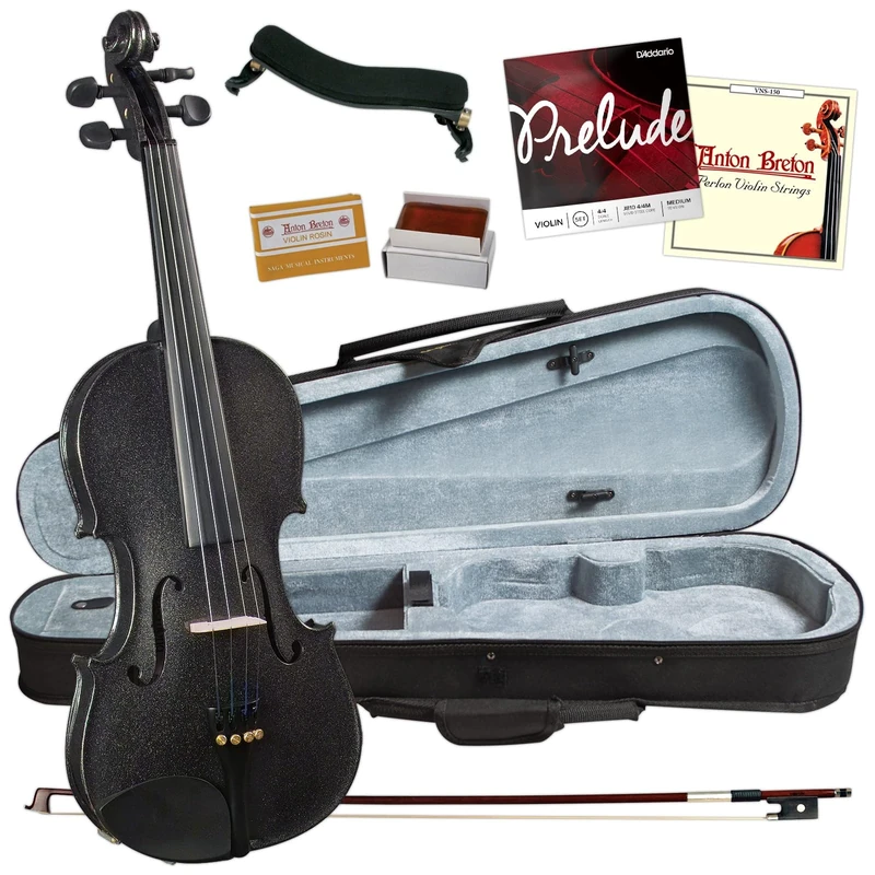 Cremona SV-75BK Student Violin Pack 4/4 Full Size - Setup and Ready to Play Outfit — Case, Rosin, Bow and Accessories - Hand carved Solid Maple and Spruce in Sparkling Black with fine-tuner tailpiece