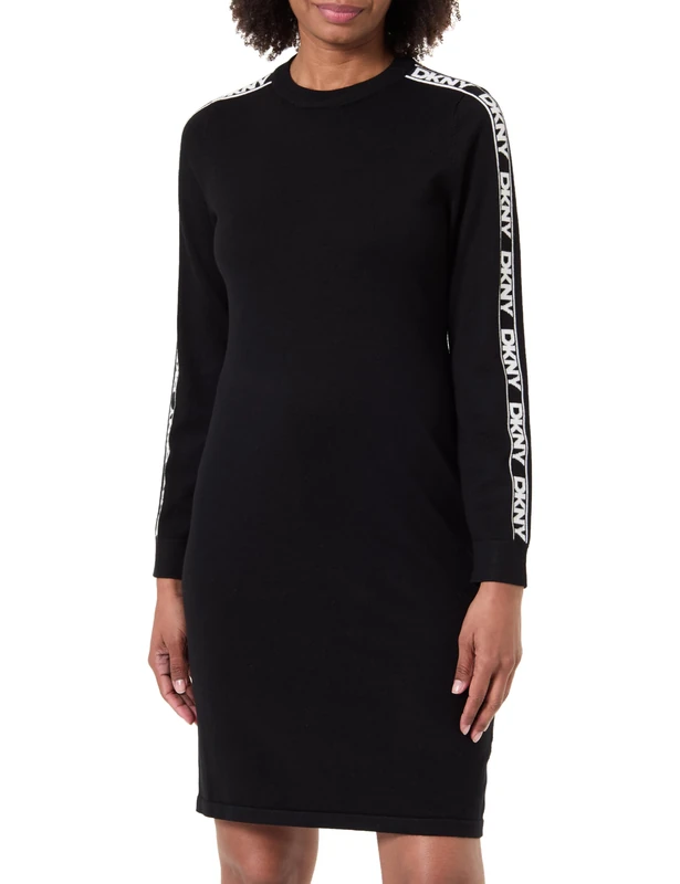 DKNY, Dress, L/S Knit Logo Dress, Black/Ivory, XL