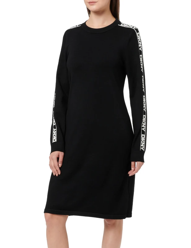 DKNY Women's Long Sleeve Knit Logo Dress Casual, Black and Ivory, M