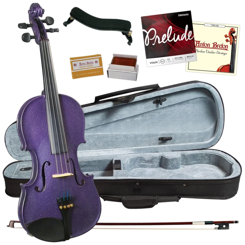 Cremona SV-75PP Student Violin Pack 4/4 Full Size - Setup and Ready to Play Outfit — Case, Rosin, Bow and Accessories - Hand carved Solid Maple and Spruce in Sparkling Purple with fine-tuner tailpiece