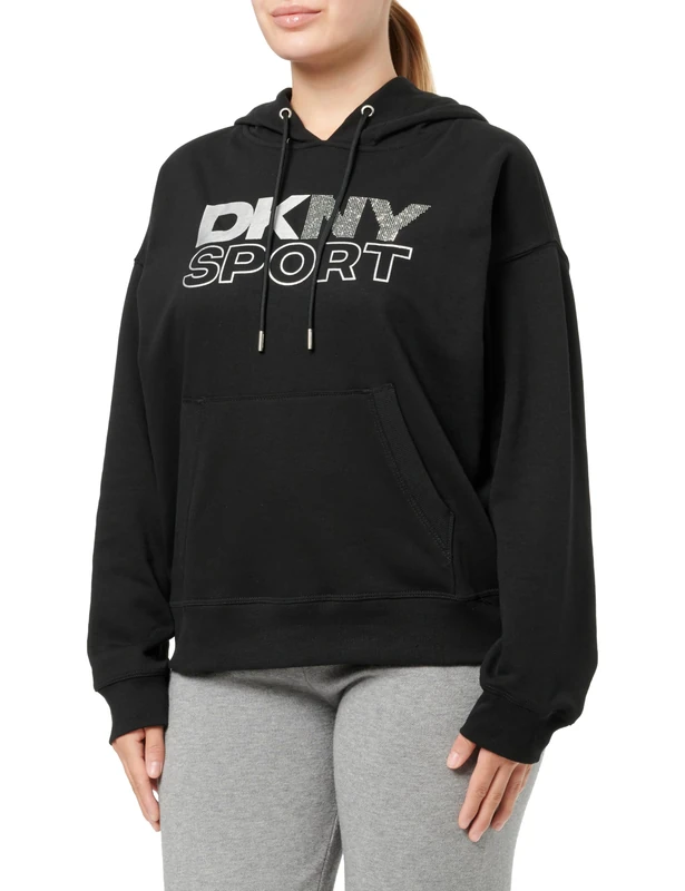 DKNY Women's Foil Rhinestone Logo Hoodie with Kanga Pocket Hooded Sweatshirt, Black and Silver, S