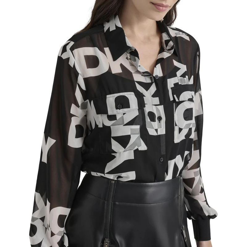 DKNY, Shirt, L/S Bttn DWN Chffon Logo Shirt, Black/Ivory, L