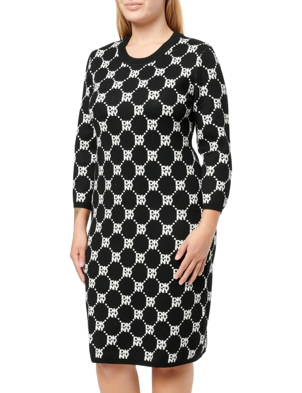 DKNY, Dress,L/S Full Fashion KNI,Black/Ivory,XS