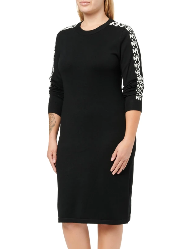 DKNY, Dress,l/s Logo Sleeved Dress,blk/Ivry Combo,m