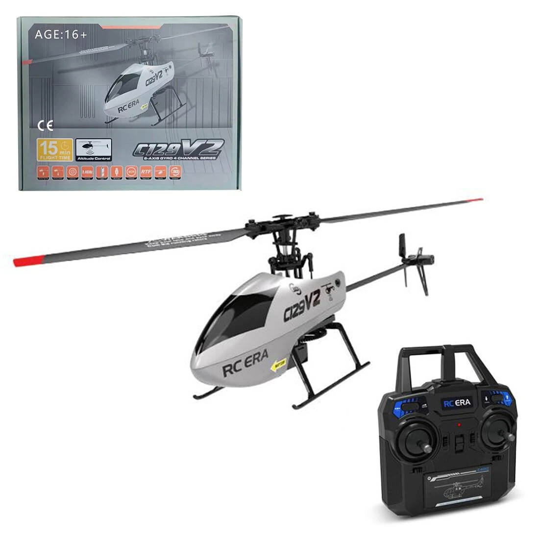 RC Helicopter for Adults, 4CH 2.4G C129V2 Remote Control Helicopter Stunt RC Military Aircraft Model with Gyro, Altitude Hold, One-Key Take-Off/Landing (Silver/4 Battery)