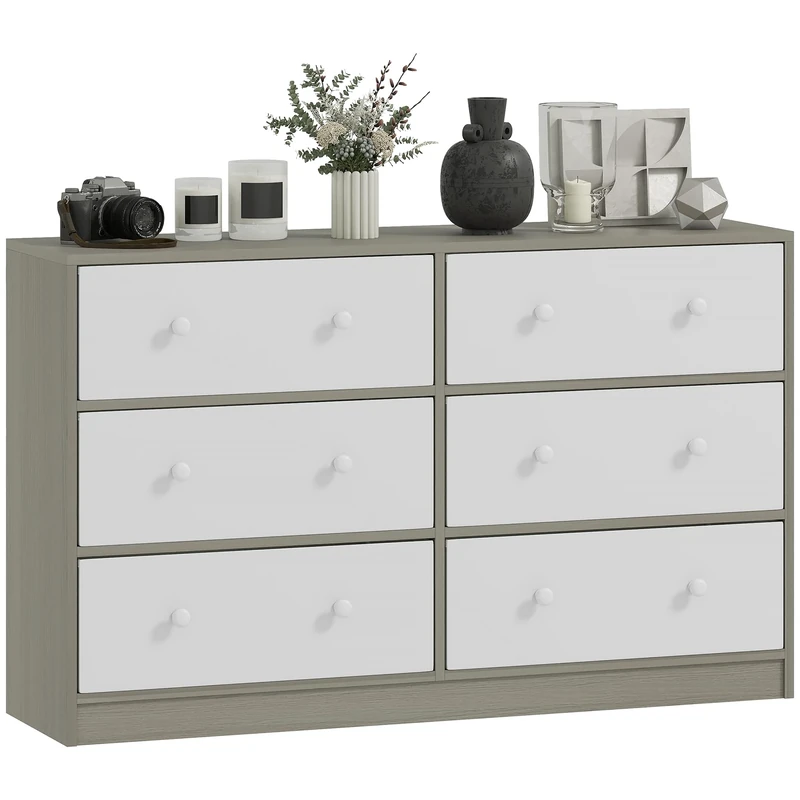HOMCOM Chest of Drawers, Wide Dresser with 6 Fabric Drawers and Steel Frame for Bedroom, Living Room, Hallway, White and Grey