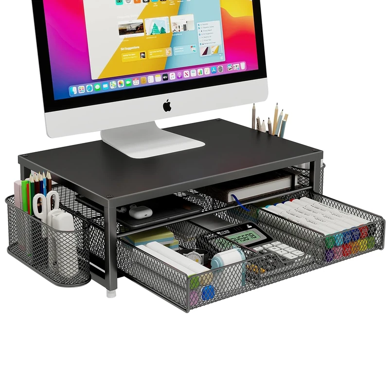 Monitor Stand Riser Metal, Office Desk riser with shelf Organizer, Office Organization ,Desk Organizer with Drawer and Pen Holder, 2-Tier Computer Stand, for iMac, PS4, PC, Printer, Notebook (Black)