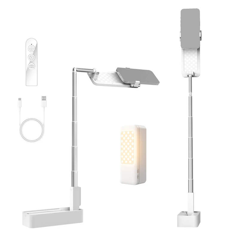 NEEWER ENTRY LEVEL VERSION 4W Overhead Desk Stand Phone Mount Foldable with LED Light/Remote/Phone Holder for Selfie Video Recording Stream, 990lx/0.3m 3 Modes CRI80 1000mAh Rechargeable Portable, V10