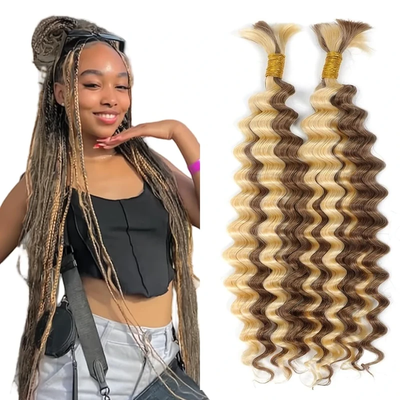Tuheerst P4/613 Highlight Brown Boho Braids Human Hair Extension Blonde No Weft Deep Wave 50g/Bundle Total 100g Unprocessed Human Braiding Hair For Women 22 22 Inch
