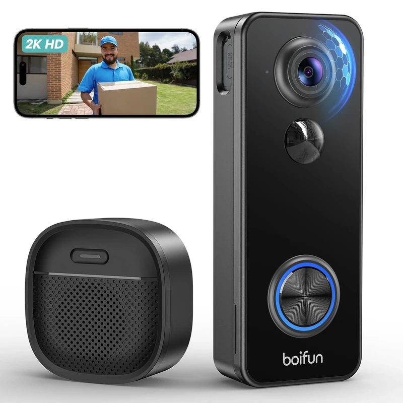 BOIFUN 2K Wireless Video Doorbell Camera - Head to Toe 180° View, No Subscription Required, Intelligent AI Detection, Real Time Live View with Two-Way Talk, Battery Operated, Only 2.4GHz