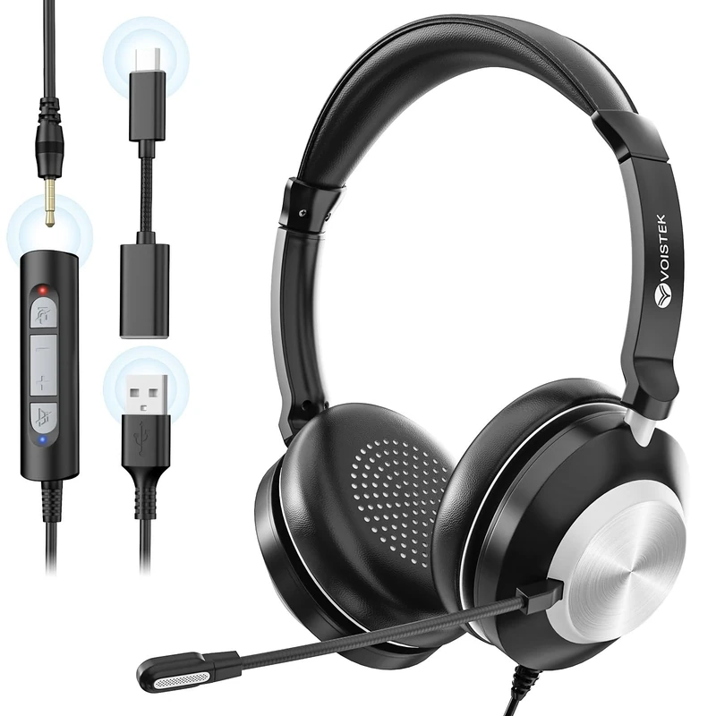 Voistek Headset with Microphone for PC, USB Headpones with Mic for Computer/Laptop, Wired Headset with Mic (ENC & Mic Mute) for Work, Home, Office, Business, Call Center, Video Meeting, Zoom
