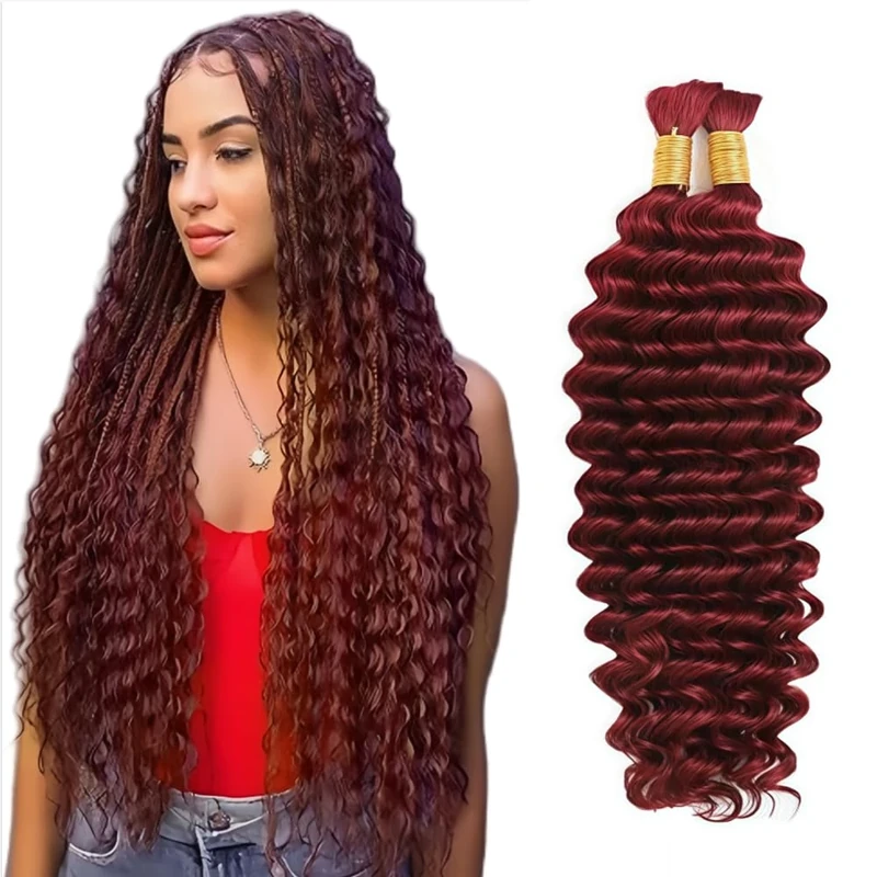 Tuheerst #99j Burgundy Red Boho Braids Human Hair Extension 28 28 Inch No Weft Deep Wave 50g/Bundle Total 100g Unprocessed Wine Red Color Human Braiding Hair For Women