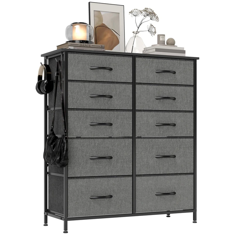 HOMCOM Chest of Drawers, Double Dresser for Bedroom with 10 Fabric Drawers, Tall Storage Unit with 4 Pockets, 2 Hooks and Steel Frame for Living Room, Hallway, Charcoal Grey