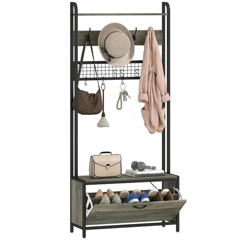 HOMCOM Coat Rack with Shoe Storage Bench and Grid Panel, Hall Tree, 5-In-1 Industrial Coat Rack Stand with Shoe Cabinet and 10 Hooks for Hallway, Entryway, Living Room, Grey
