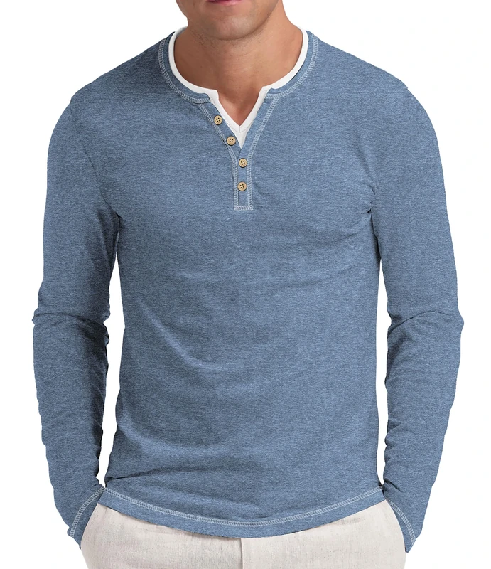 NITAGUT Henley Long Sleeve Shirts for Men Color Lines T-Shirts Casual Tees Button Washed Basic Mens Henley Tops,Blue,S