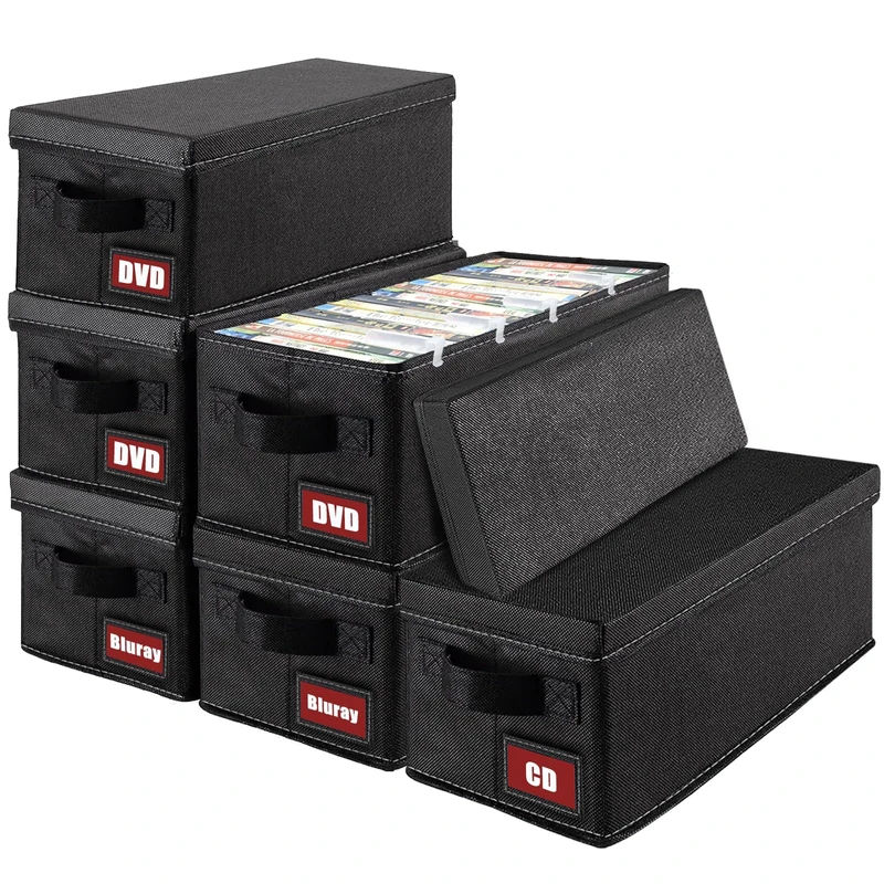 PUTNATRUE DVD Storage Boxes, 6P Larger DVD Storage Cases with Lid, Stackable Fabrics Media Storage Holds Up 156 DVDs (Each 26), Also Idea for Storaging Blu rays, Video Game Cases, CDs