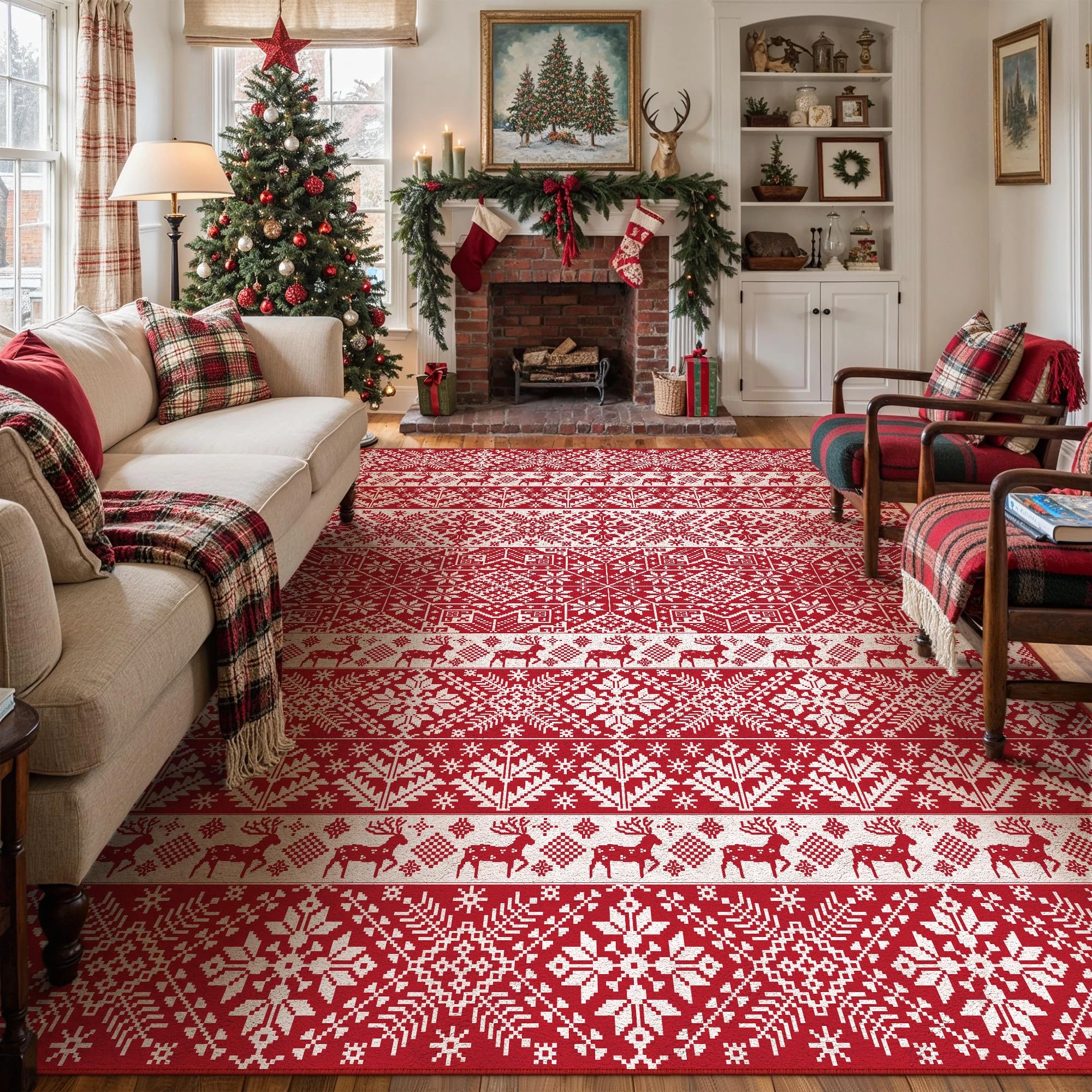 PureCozy Christmas Living Room Rug, 240x300 cm Red Washable Area Rug Large Xmas Snowflake Holiday Decor Indoor Bedroom Throw Rug Decorative Soft Low Pile Large Carpet Non Slip Dining Room Office