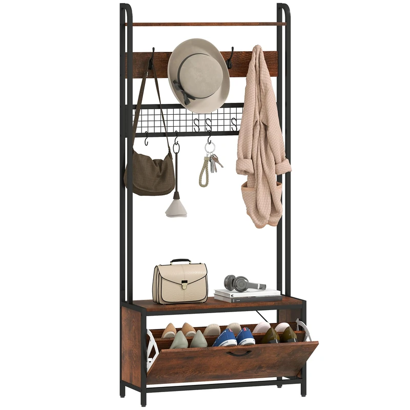 HOMCOM Coat Rack with Shoe Storage Bench and Grid Panel, Hall Tree, 5-In-1 Industrial Coat Rack Stand with Shoe Cabinet and 10 Hooks for Hallway, Entryway, Living Room, Rustic Brown