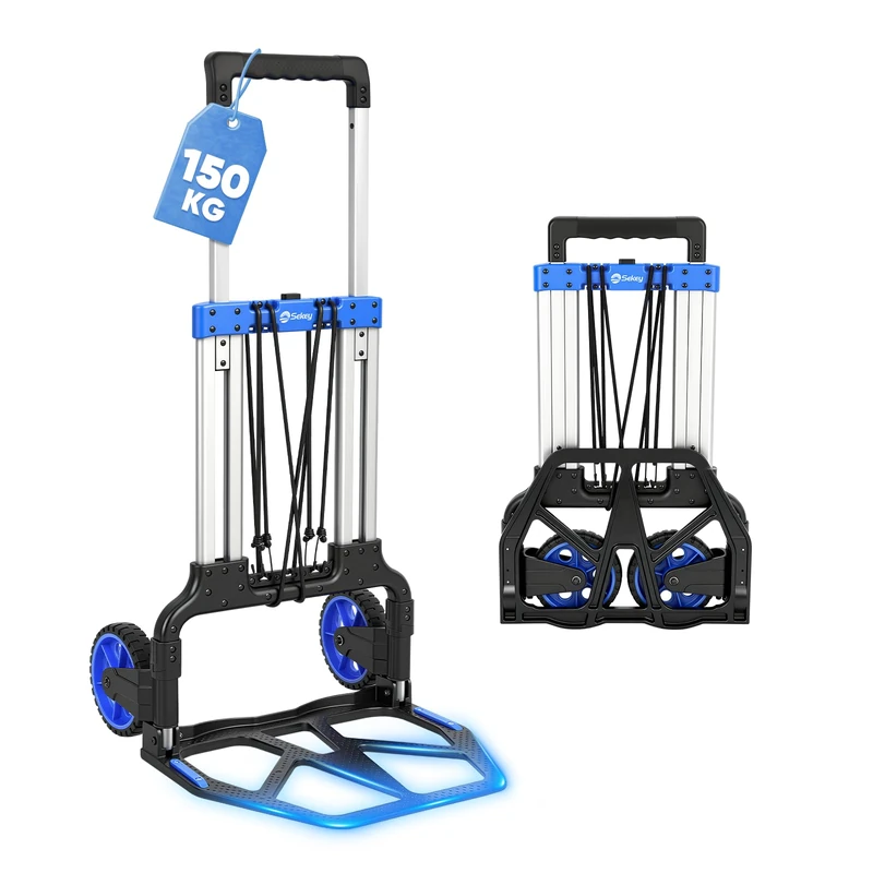 Sekey Folding Sack Truck 150 kg - Extremely Stable & Resilient, Reinforced Aluminium Frame, XXL Anti-Slip Platform, 1-Seke Folding, Height Adjustable, Transport Trolley with Comfort Handle, Includes 2