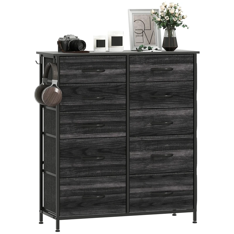 HOMCOM Chest of Drawers, Double Dresser for Bedroom with 10 Fabric Drawers, Tall Storage Unit with 4 Pockets, 2 Hooks and Steel Frame for Living Room, Hallway, Black