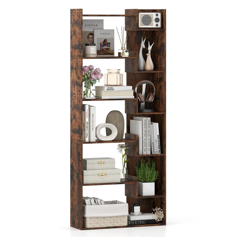 FANTASK Standing Shelf, Wooden Shelf, 6-Tier Storage Shelf with 2 Tilt Protections, Open Display Shelf for Study & Living Room, 69 x 22 x 163 cm (Industrial Coffee) - Image 1