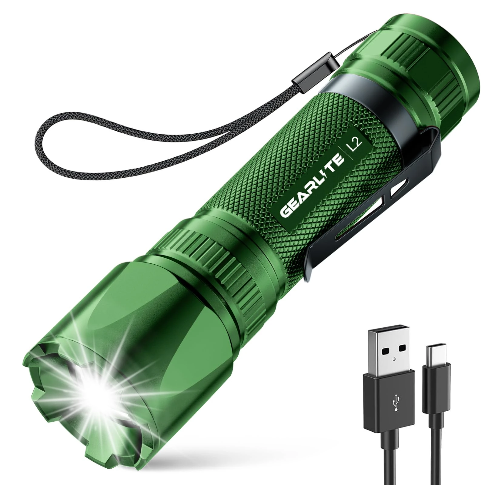GEARLITE LED Torch Rechargeable, 3500LM Torches LED Super Bright with Clip Adjustable Focus, 3 Lighting Modes Waterproof Small Torch for Power Cuts, Emergency, Camping, Hiking, Outdoor(Green)