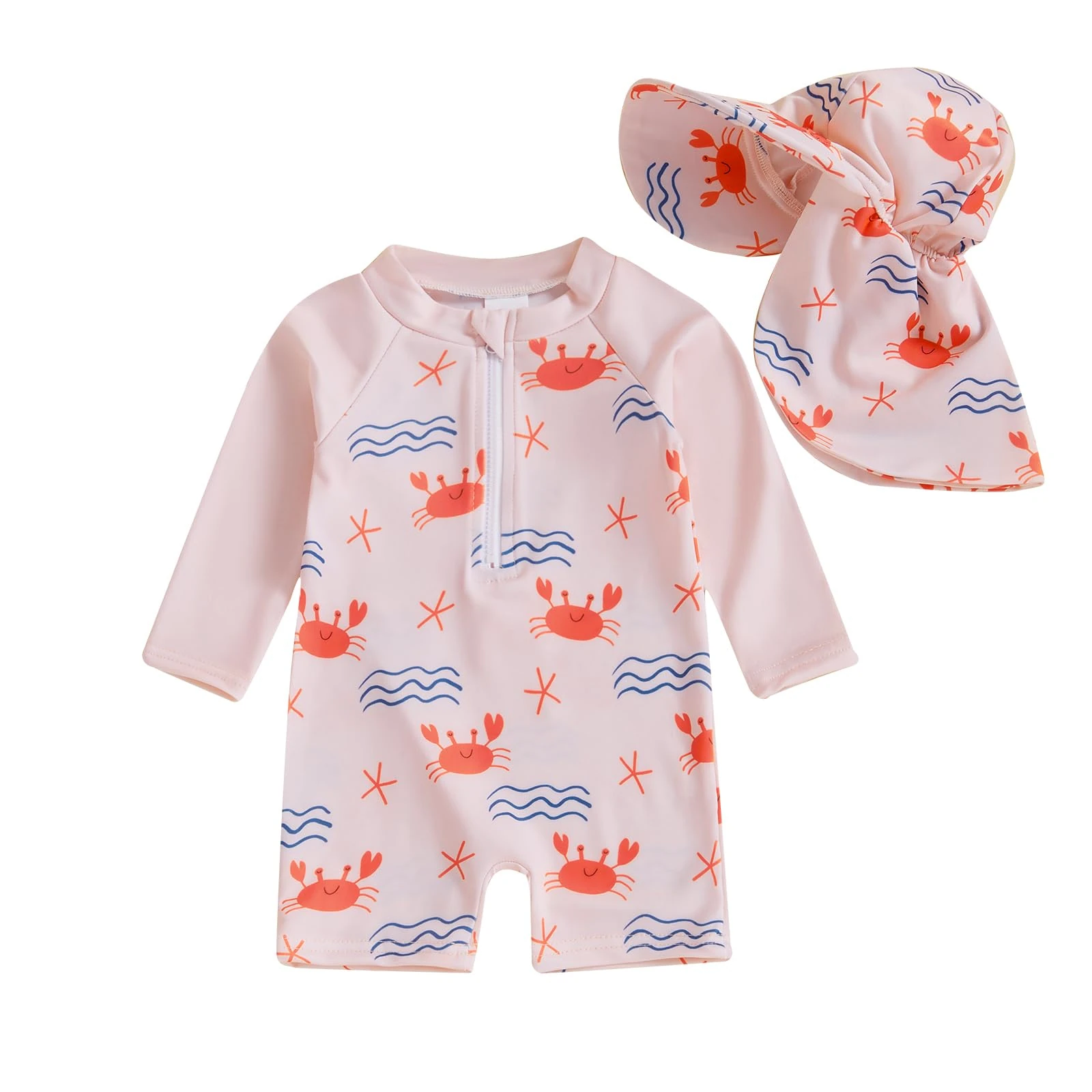 Toddler Baby Girl Swimsuit and Hat Zip Up Long Sleeve All in One Swimming Costume UV Sun Protection Swimwear One Piece Swimming Suit Rash Guard Sunsuit (Animal Crabs Light Rose, 6-12 Months)