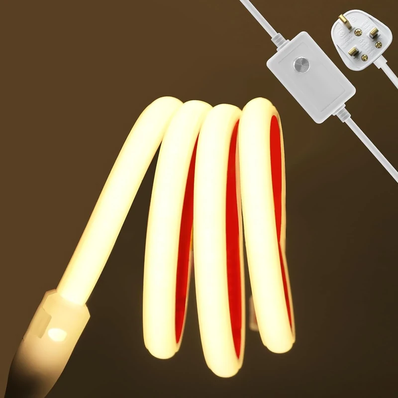 KISUFU Dimmable COB Neon LED Strip 288 LEDs/m, 220V Flexible Light Ribbon,IP65 Waterproof Rope Light,Self-Adhesive Tape for Outside/Indoor Home Decoration UK Plug Supply