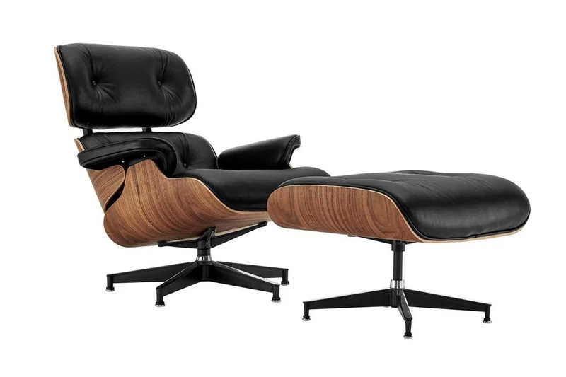 Mid-Century Modern Lounge Chair & Ottoman – Walnut Wood Finish, Black PU Leather – Iconic Design Inspired Armchair Set - Image 1